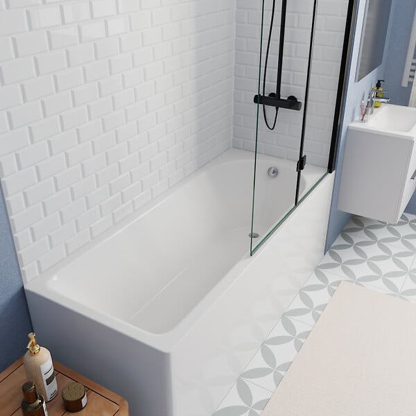 KALDEWEI - Kaldewei 170x70 cm Ensemble baignoire Eurowa universelle + Pare baignoire pliable, 2 volets noir + pieds (KW312-SETP4) - large