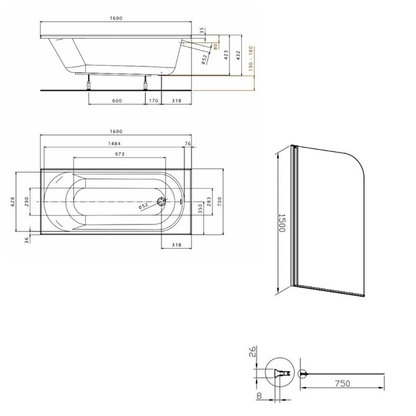 KOLO BY GEBERIT - 160x70 cm Ensemble baignoire Opal Plus universelle + Pare baignoire pivotant chrome + pieds (XWP1260000-SETP1) - large