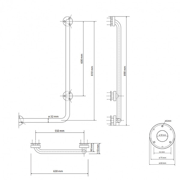BEMETA - HELP Barre de maintien fixe 63x89cm, en forme de L, pose à droite, Acier Inoxydable (301122041) - large