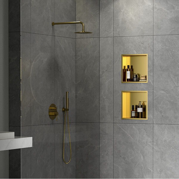 SWISS AQUA TECHNOLOGIES - Swiss Aqua Technologies Niche de Douche à encastrer, Acier Inoxydable 304, 30x30x10cm, Or brossé PVD (SATAURN3030BG) - large