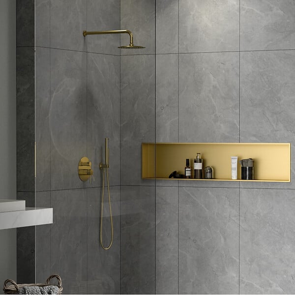 SWISS AQUA TECHNOLOGIES - Swiss Aqua Technologies Niche de Douche à encastrer, Acier Inoxydable 304, 120x30x10cm, Or brossé PVD (SATAURN12128BG) - large