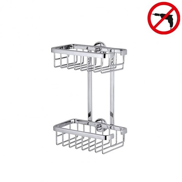 TESA - Aluxx Etagère 2 paniers 26x18x10,7cm, Aluminium, Chrome, pose facile sans perçage (40211-00000-00) - large