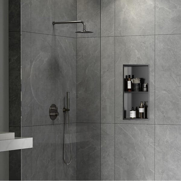 SWISS AQUA TECHNOLOGIES - Swiss Aqua Technologies Aurum Niche de Douche à encastrer, Acier Inoxydable 304, 2 étagères, 60x30x10cm, Gun Métal brossé PVD (SATAURN6030SBGM) - large