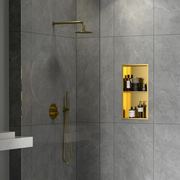 SWISS AQUA TECHNOLOGIES - Swiss Aqua Technologies Niche de Douche à encastrer, Acier Inoxydable 304, 2 étagères, 60x30x10cm, Or brossé PVD (SATAURN6030SBG) - large