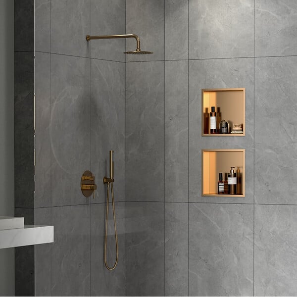 SWISS AQUA TECHNOLOGIES - Swiss Aqua Technologies Aurum Niche de Douche à encastrer, Acier Inoxydable 304, 30x30x10cm, Cuivre brossé PVD (SATAURN3030BRG) - large