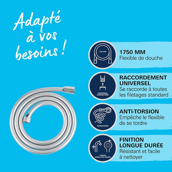 GROHE - Grohe VitalioFlex Silver flexible de douche anti-torsion 175 cm, chrome (G27506001) - large