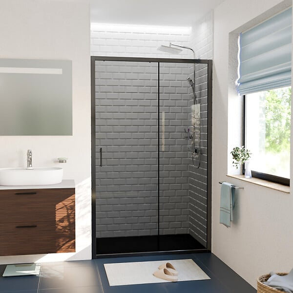 CERAMIA - Ceramia PURA Porte de douche 100x195cm coulissante anticalcaire avec profilés Noir mat (CERAHP100BGG) - large