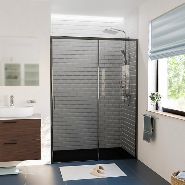 CERAMIA - Ceramia PURA Porte de douche 140x195cm coulissante anticalcaire avec profilés Noir mat (CERAHP140BGG) - large