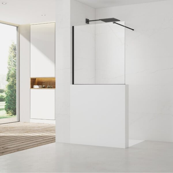SWISS AQUA TECHNOLOGIES - Swiss Aqua Technologies Pare-muret 120x100cm Paroi en verre Crystal Glass® 8 mm anticalcaire, avec bras et profilés noir mat (SATBWIS120PRC) - large