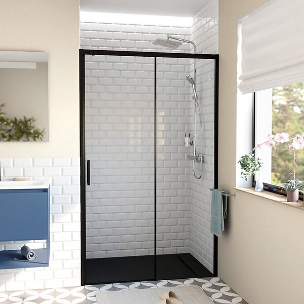SWISS AQUA TECHNOLOGIES - Swiss Aqua Technologies TEX BB Porte de douche 120x195cm coulissante anticalcaire avec profilés noir mat  (TEXDBB120CT-SET) - large