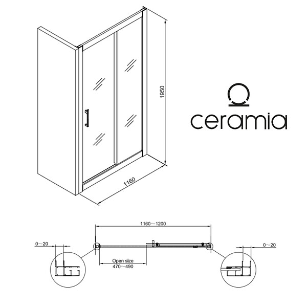 CERAMIA - Ceramia PURA Porte de douche 120x195cm coulissante anticalcaire avec profilés Chrome brillant (CERAHP120C) - large