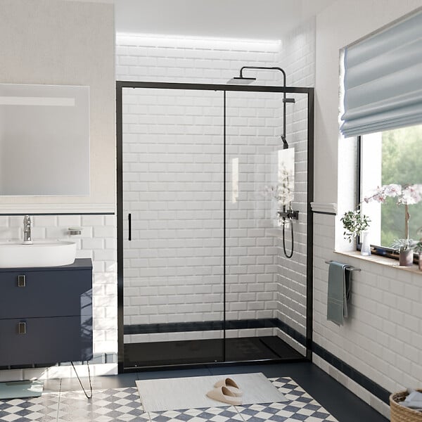 CERAMIA - Ceramia PURA Porte de douche 140x195cm coulissante anticalcaire avec profilés Noir mat (CERAHP140B) - large