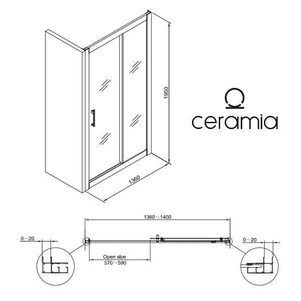 CERAMIA - Ceramia PURA Porte de douche 140x195cm coulissante anticalcaire avec profilés Noir mat (CERAHP140B) - large
