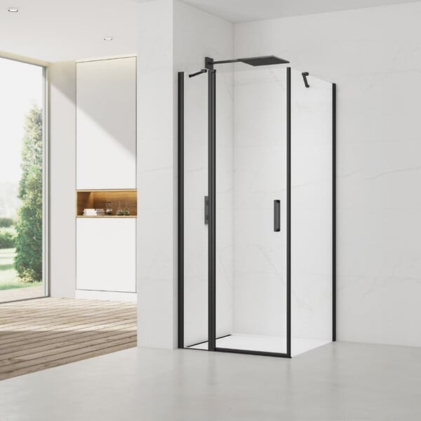 SWISS AQUA TECHNOLOGIES - Swiss Aqua Technologies Fusion ensemble porte pivotante /paroi 90x100cm anticalcaire avec profilés noir mat (SATFUDP90S100C-SET) - large
