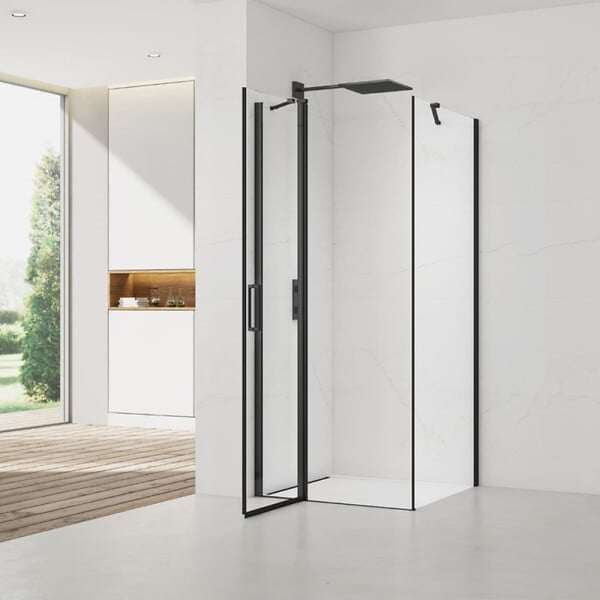 SWISS AQUA TECHNOLOGIES - Swiss Aqua Technologies Fusion ensemble porte pivotante /paroi 90x100cm anticalcaire avec profilés noir mat (SATFUDP90S100C-SET) - large