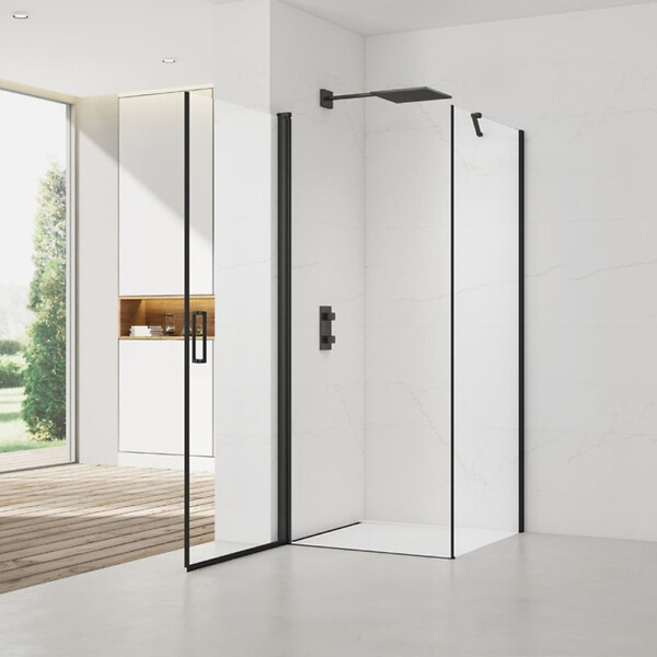 SWISS AQUA TECHNOLOGIES - Swiss Aqua Technologies Fusion ensemble porte pivotante /paroi 80x80cm anticalcaire avec profilés noir mat (SATFUD80S80C-SET) - large
