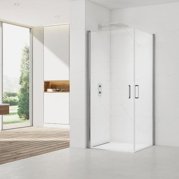 SWISS AQUA TECHNOLOGIES - Swiss Aqua Technologies Fusion Portes de douche acces en angle pivotantes 90x90cm anticalcaire avec profilés chrome brillant (SATFUD9090-SET) - large