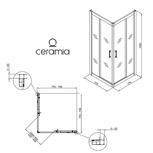 CERAMIA - CASCADA Porte de douche 80x80x195cm coulissante anticalcaire avec profilés chrome brillant (CERAHC8080C) - large