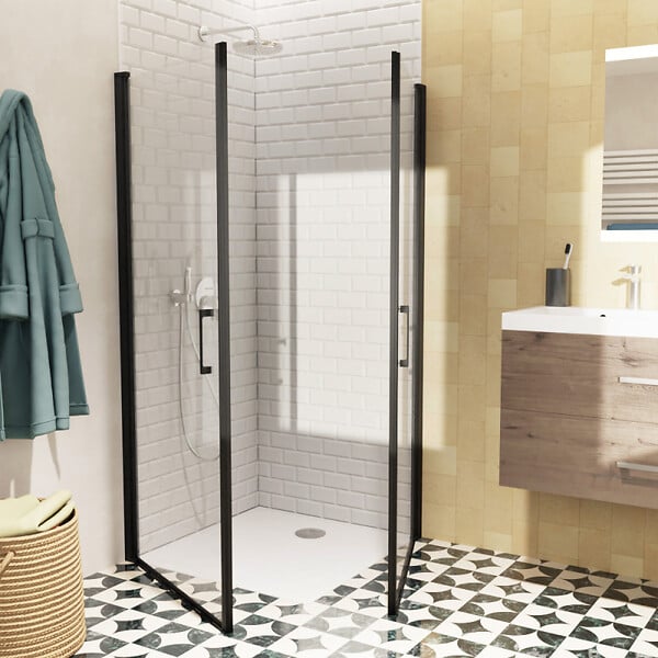 SWISS AQUA TECHNOLOGIES - Swiss Aqua Technologies Fusion Portes de douche acces en angle pivotantes 80x80cm anticalcaire avec profilés noir mat (SATFUD8080C-SET) - large