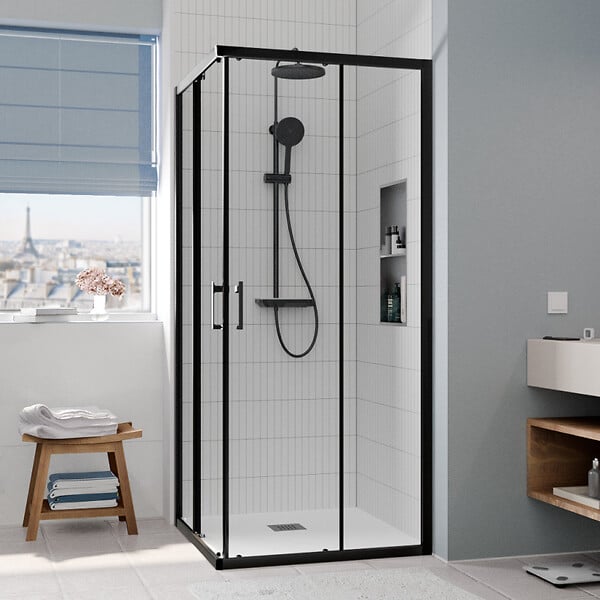 CERAMIA - CASCADA Porte de douche 80x80x195cm coulissante anticalcaire avec profilés Noir mat (CERAHC8080B) - large