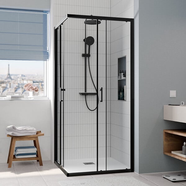 CERAMIA - CASCADA Porte de douche 80x80x195cm coulissante anticalcaire avec profilés Noir mat (CERAHC8080B) - large