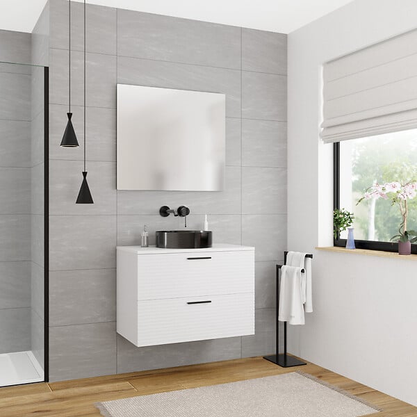 CERAMIA - Ceramia Set complet 80 cm : plan vasque blanc mat + meuble assemblé certifié FSC, blanc cassé (CERAMIA-4OW80-S) - large