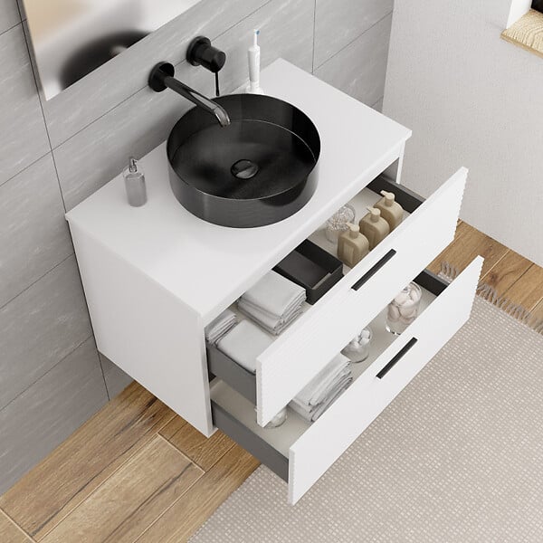 CERAMIA - Ceramia Set complet 80 cm : plan vasque blanc mat + meuble assemblé certifié FSC, blanc cassé (CERAMIA-4OW80-S) - large