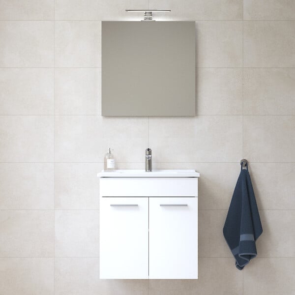 VITRA - Mia ensemble meuble non assemblé 59x61x39,5 cm + miroir + lavabo céramique +  éclairage LED, blanc brillant (MIASETFP60B) - large