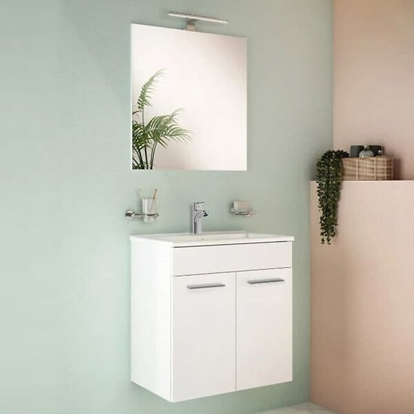 VITRA - Mia ensemble meuble non assemblé 59x61x39,5 cm + miroir + lavabo céramique +  éclairage LED, blanc brillant (MIASETFP60B) - large