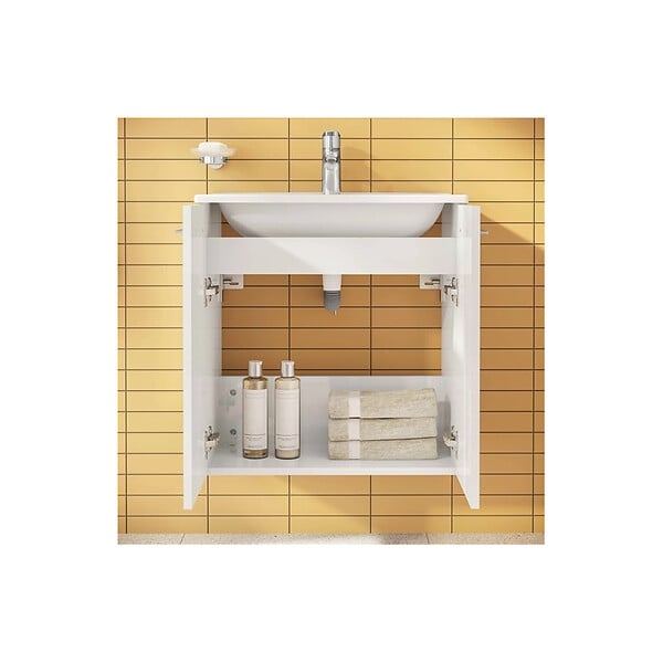 VITRA - Mia ensemble meuble non assemblé 59x61x39,5 cm + miroir + lavabo céramique +  éclairage LED, blanc brillant (MIASETFP60B) - large