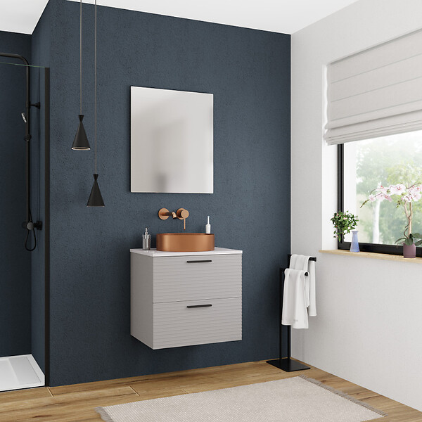 CERAMIA - Ceramia Set complet 60 cm : plan vasque blanc mat + meuble assemblé certifié FSC, gris perle (CERAMIA-4LG60-S) - large