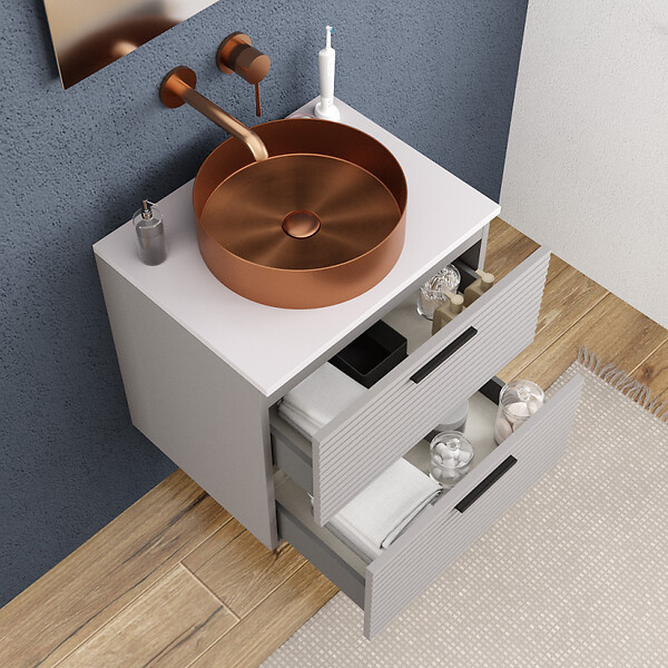 CERAMIA - Ceramia Set complet 60 cm : plan vasque blanc mat + meuble assemblé certifié FSC, gris perle (CERAMIA-4LG60-S) - large