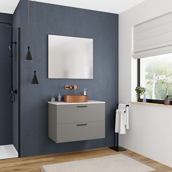CERAMIA - Ceramia Set complet 80 cm : plan vasque blanc mat + meuble assemblé certifié FSC, gris foncé (CERAMIA-4DG80-S) - large