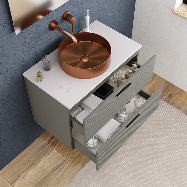 CERAMIA - Ceramia Set complet 80 cm : plan vasque blanc mat + meuble assemblé certifié FSC, gris foncé (CERAMIA-4DG80-S) - large