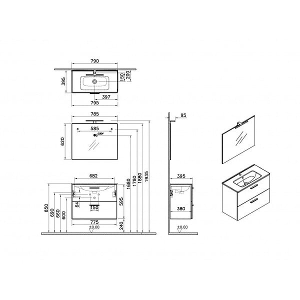 VITRA - Vitra  Mia ensemble avec meuble préassemblé 79x61x39,5 cm + miroir + lavabo + éclairage LED, anthracite brillant (MIASET80A) - large