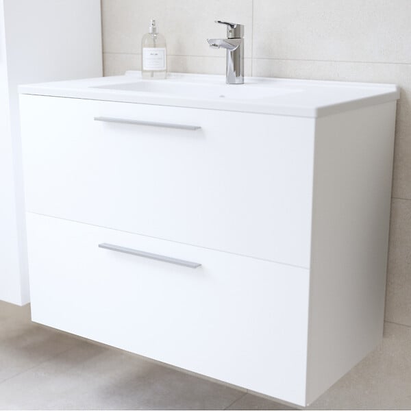 VITRA - Mia ensemble meuble préassemblé 79x61x39,5 cm avec lavabo, miroir avec éclairage LED, Blanc brillant (MIASET80B) - large