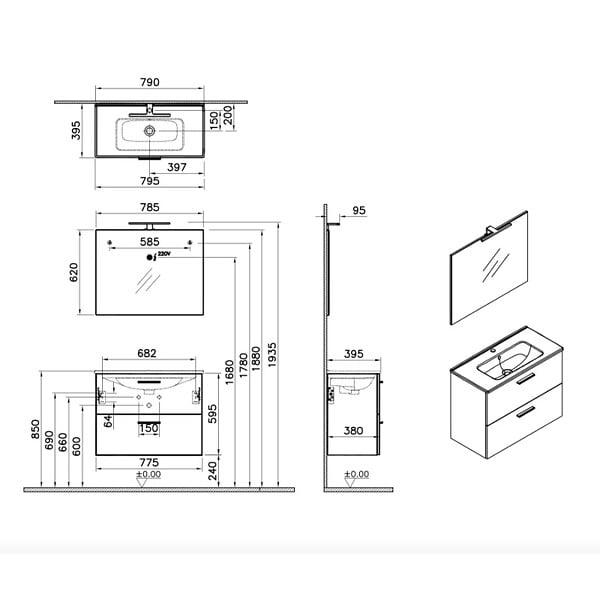 VITRA - Vitra  Mia ensemble avec meuble  pré-assemblé 79x61x39,5 cm + miroir + lavabo en céramique + éclairage LED, cordoba (MIASET80C) - large