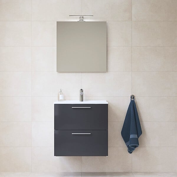 VITRA - Vitra  Mia ensemble meuble préassemblé 59x61x39,5 cm avec lavabo, miroir et éclairage LED, Anthracite brillant (MIASET60A) - large