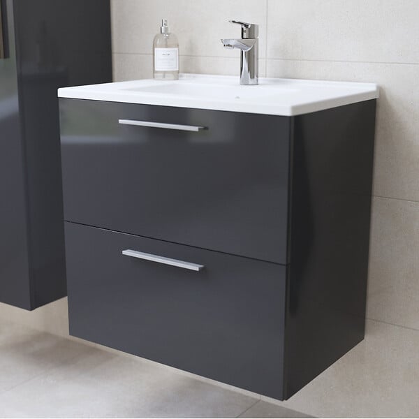 VITRA - Vitra  Mia ensemble meuble préassemblé 59x61x39,5 cm avec lavabo, miroir et éclairage LED, Anthracite brillant (MIASET60A) - large