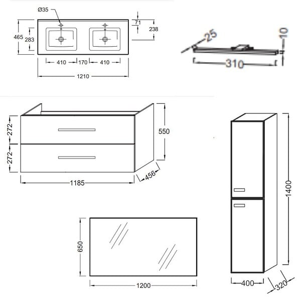 JACOB DELAFON - Pack meuble double vasque 120 cm Ola Up chêne + colonne + miroir + spot - large