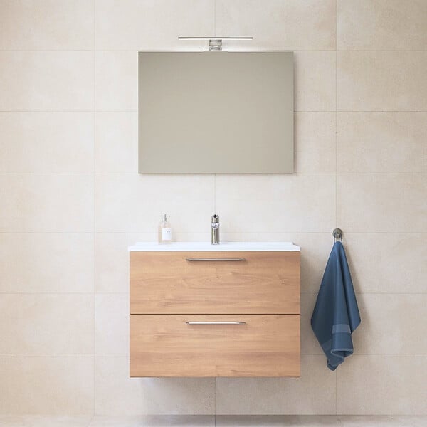VITRA - Vitra  Mia ensemble avec meuble préassemblé 59x61x39,5 cm + miroir + lavabo céramique + éclairage LED, chêne (MIASET60D) - large