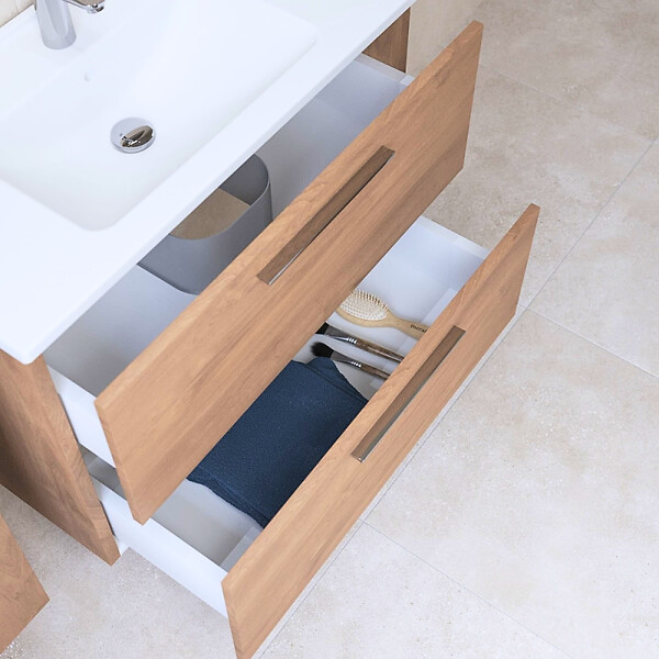 VITRA - Vitra  Mia ensemble avec meuble préassemblé 59x61x39,5 cm + miroir + lavabo céramique + éclairage LED, chêne (MIASET60D) - large