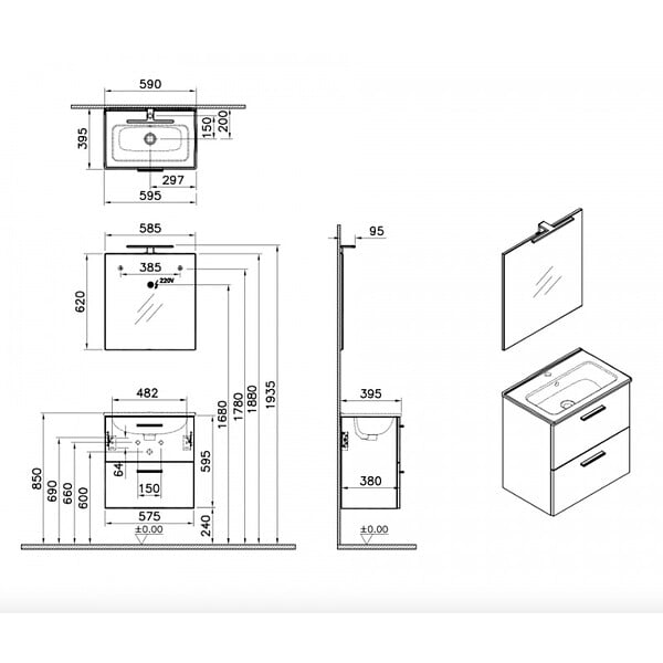 VITRA - Vitra  Mia ensemble avec meuble préassemblé 59x61x39,5 cm + miroir + lavabo céramique + éclairage LED, chêne (MIASET60D) - large