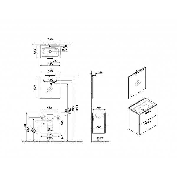 VITRA - Vitra  Lot de 4 Meubles Mia   59x61x39,5 cm avec miroir, lavabo et éclairage LED, Cordoba (MIASET60C-GVP04) - large