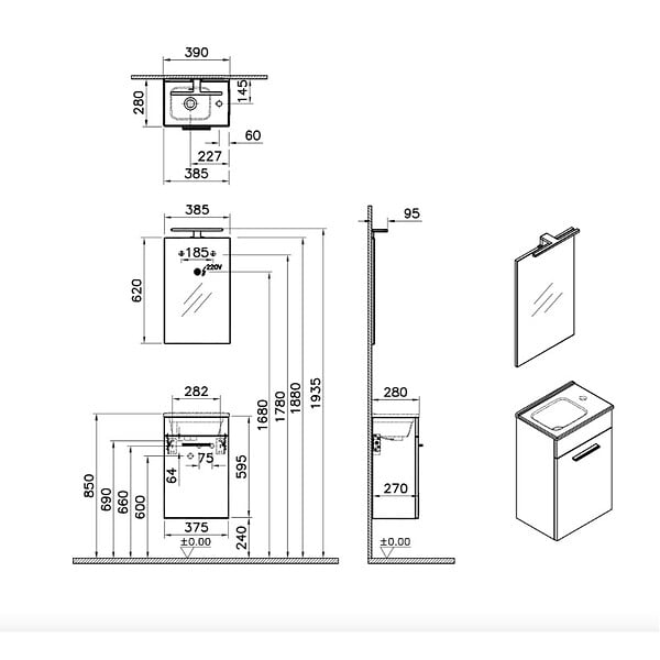 VITRA - Mia ensemble meuble 39x61x28 cm avec miroir, lavabo et éclairage LED, Cordoba (MIASET40C) - large