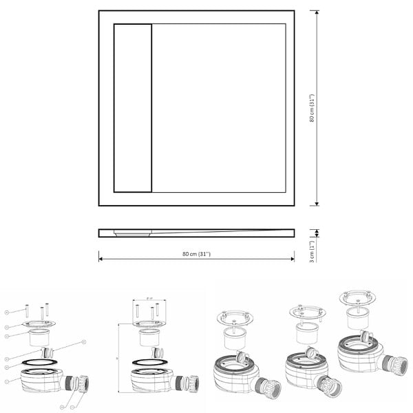 CERAMIA - Ceramia Alda Siphon + Receveur de douche 80x80cm. Pierre de synthèse, noir mat (ALD15-8080N-S) - large