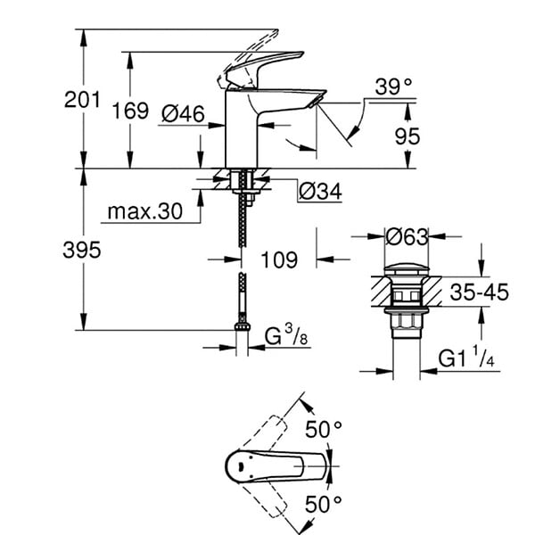 GROHE - Grohe EUROSMART Mitigeur monocommande de lavabo Taille S, Bonde Clic-clac Chrome (23924003) - large