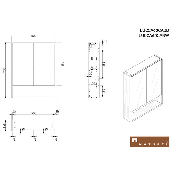NATUREL - Lucca Armoire de toilette assemblée 60x75 cm, stratifié, 4 étagères, miroir, couleur chêne (LUCCA60CABD) - large