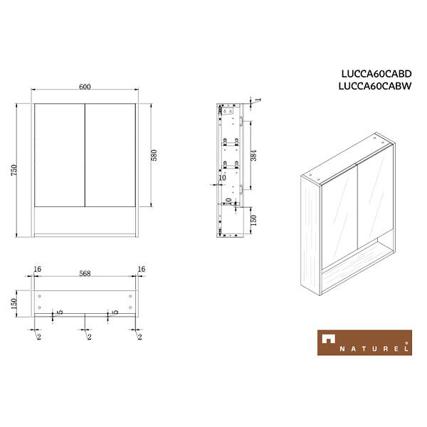 NATUREL - Lucca Armoire de salle de bain assemblée 60x75 cm, stratifié, 4 étagères, miroir blanc (LUCCA60CABW) - large