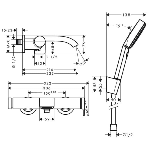 HANSGROHE - Hansgrohe Vivenis Pulsify Set Mitigeur bain/douche, bec cascade + Douchette 3 jets Relaxation avec support et flexible (75420670-Pulsify2) - large